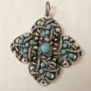 Avon Vintage Pendant Silvertone Turquoise Color Beads  2" x 1.5"